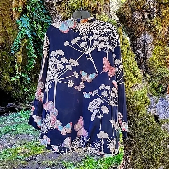 Citron Ladies Large Silk Spandex Sheer Mandarin Collar Black Butterfly Blouse - Picture 6 of 9